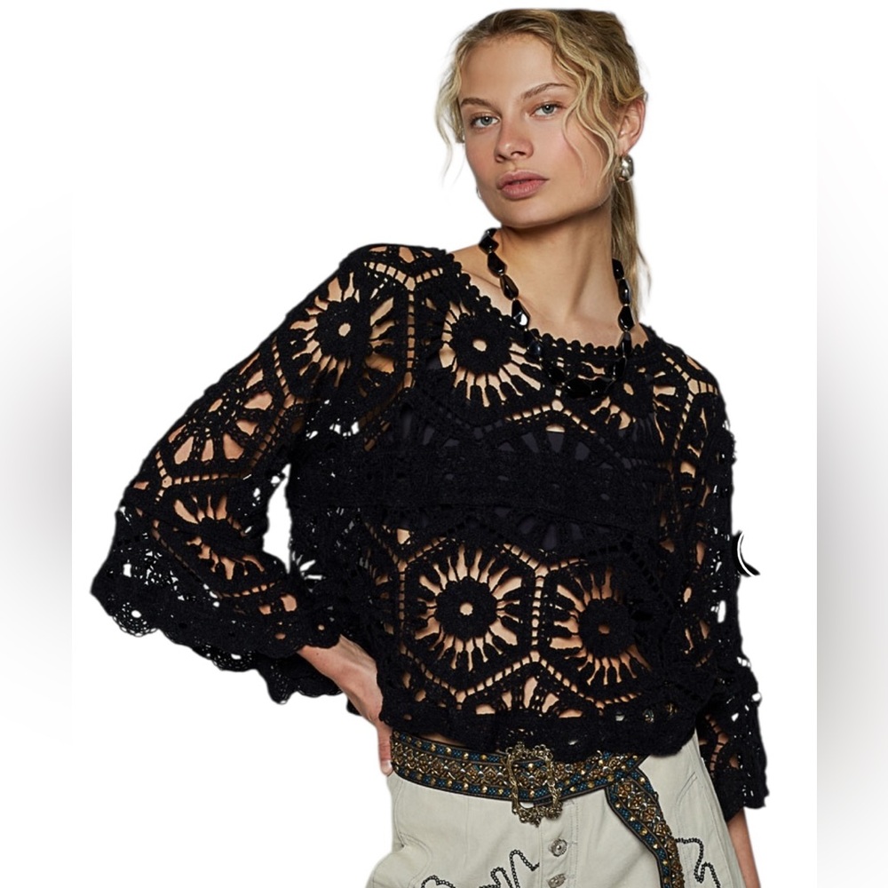 POL Black Crochet Knit Round Neck 3/4 Bell Sleeve Top - Picture 3 of 8